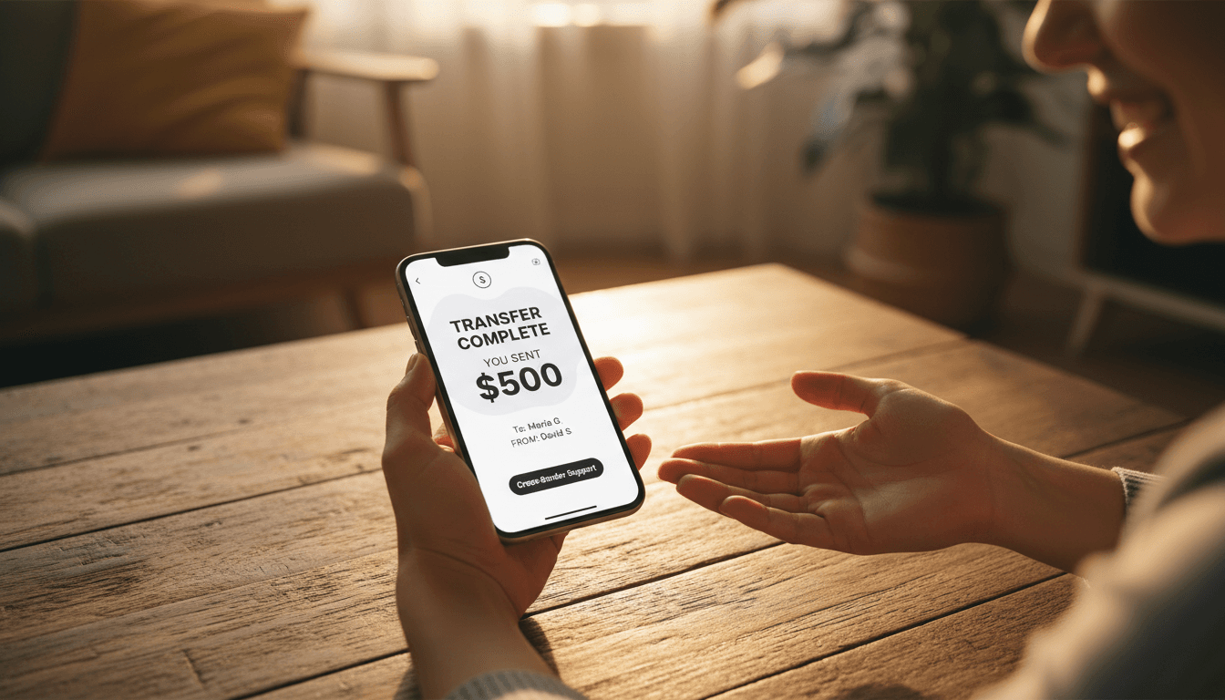 Two people sharing a moment of trust and connection over a money transfer on a phone