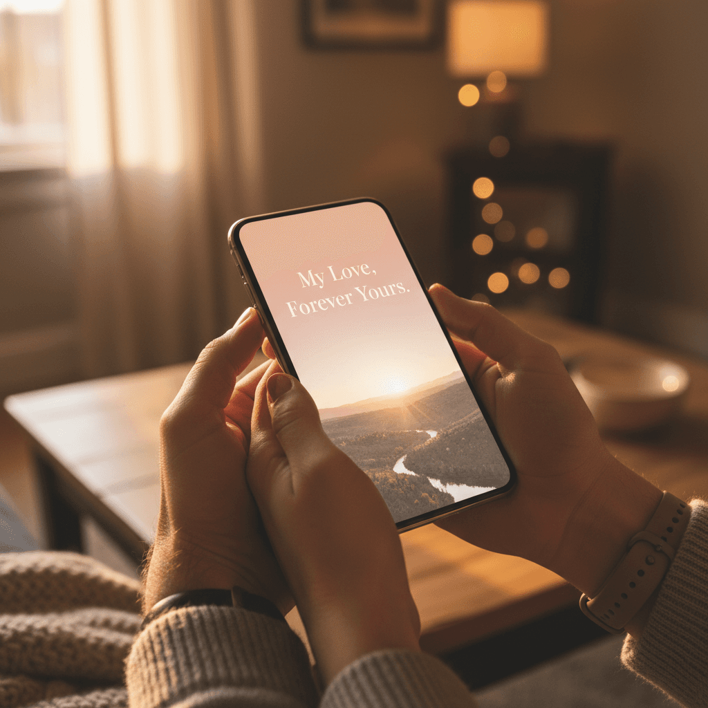 Hands holding a phone showing a money transfer interface with warm natural lighting