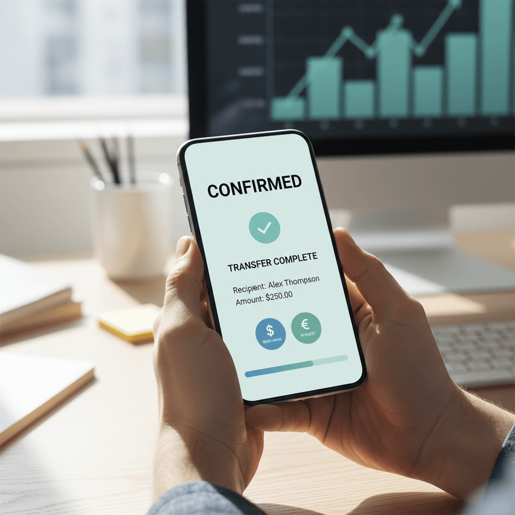Smartphone displaying a successful money transfer confirmation